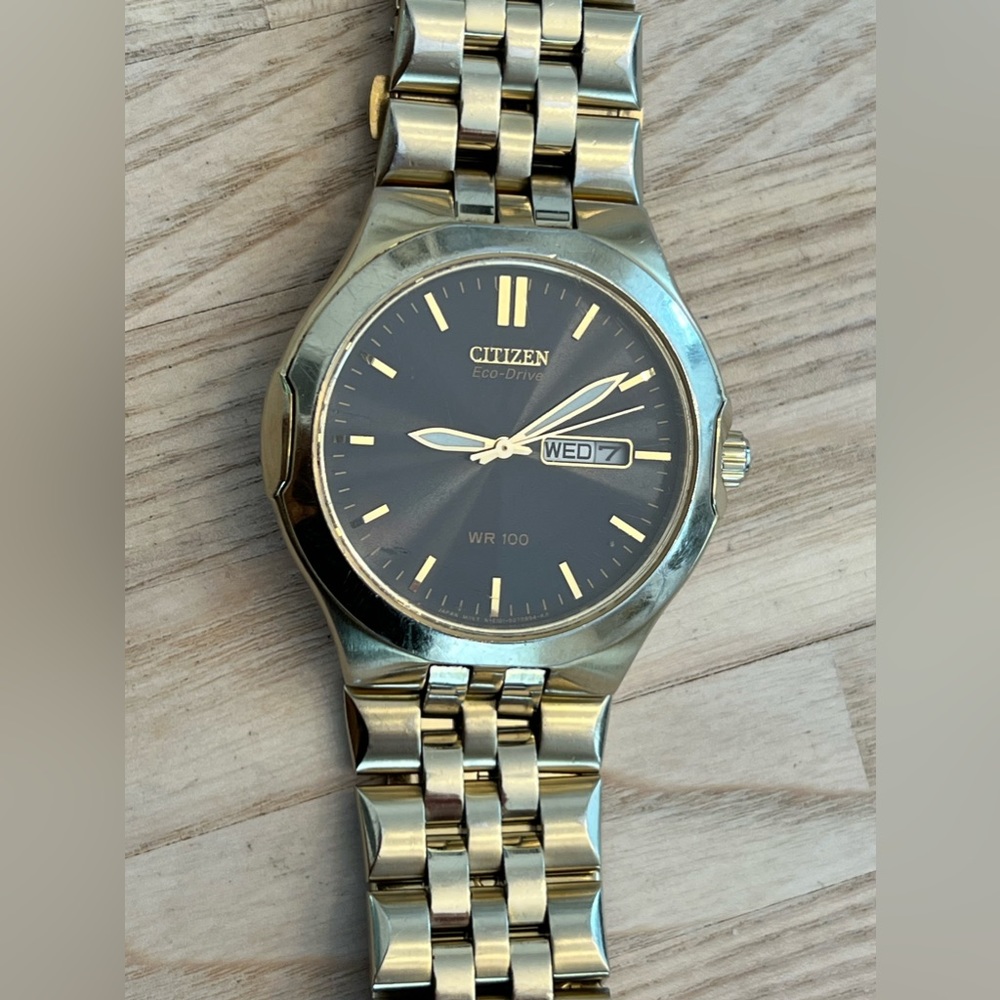 Citizen Eco-Drive Men’s Watch Dark Gray Dial Day Date Window Gold-Tone Bracelet